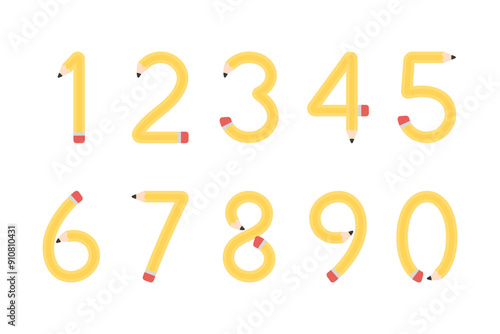 Cute yellow pencils shaped like numbers for kids, from zero to nine. Vector illustration.	