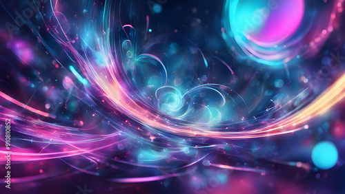 A vibrant abstract composition featuring swirling colors and luminous particles, creating an enchanting cosmic atmosphere filled with energy.