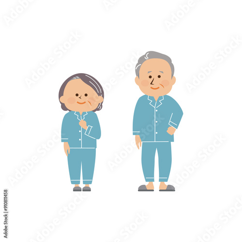パジャマを着たシニア男性とシニア女性のかわいいイラスト