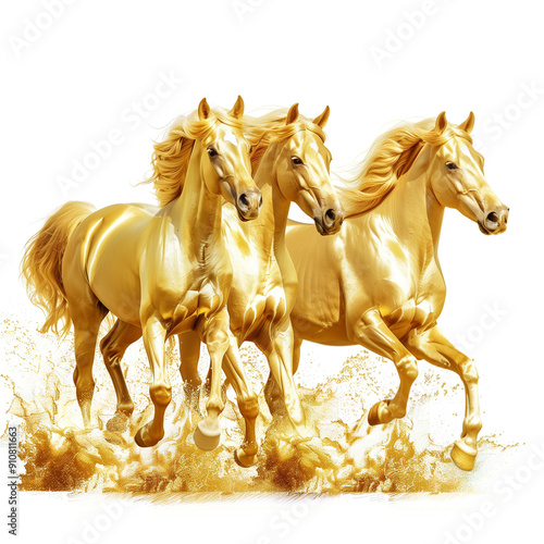 Set of three gold horses isolated on a transparent background