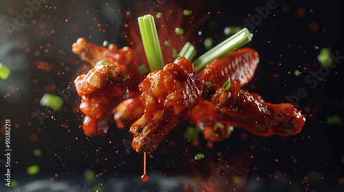 A playful gravity defying representation of a buffalo wings