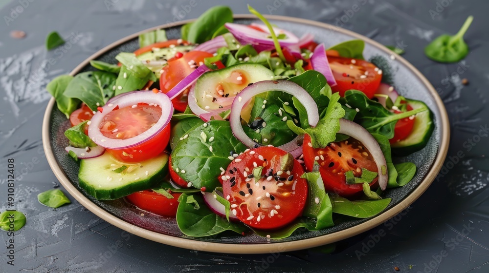 Fresh Salad with Tomatoes, Cucumbers, Red Onions, and Sesame Seeds Fresh Salad with Tomatoes, Cucumbers, Red Onions, and Sesame Seeds