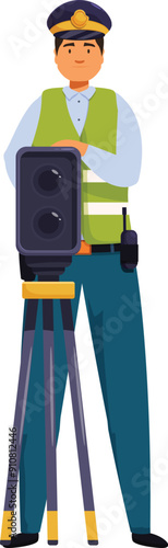 Police officer standing with speed radar gun on a tripod, ensuring road safety and enforcing traffic regulations