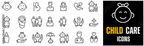 baby life line icons, childhood , child child care, international children day, kid rights, parenthood. Outline icon collection. Editable stroke. Vector illustration on white background editable