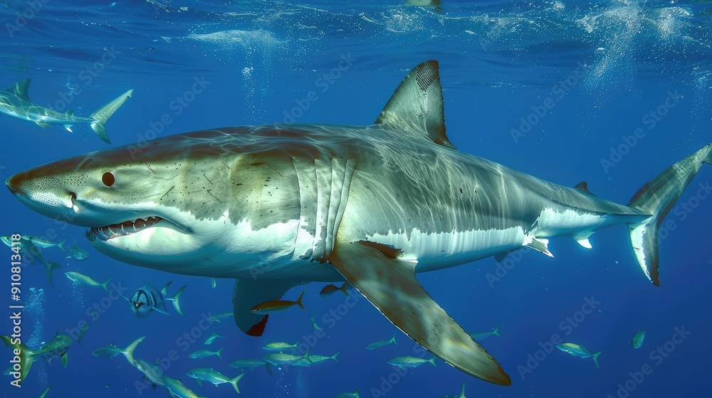 Fototapeta premium Great White Shark Swimming in Blue Water