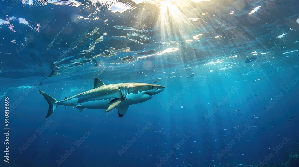 Great White Shark Swimming Through Sunlit Water Great White Shark Swimming Through Sunlit Water