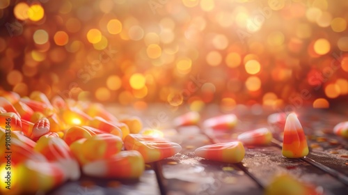 Wallpaper Mural Candy corn on wooden surface with blurred golden lights background. Torontodigital.ca