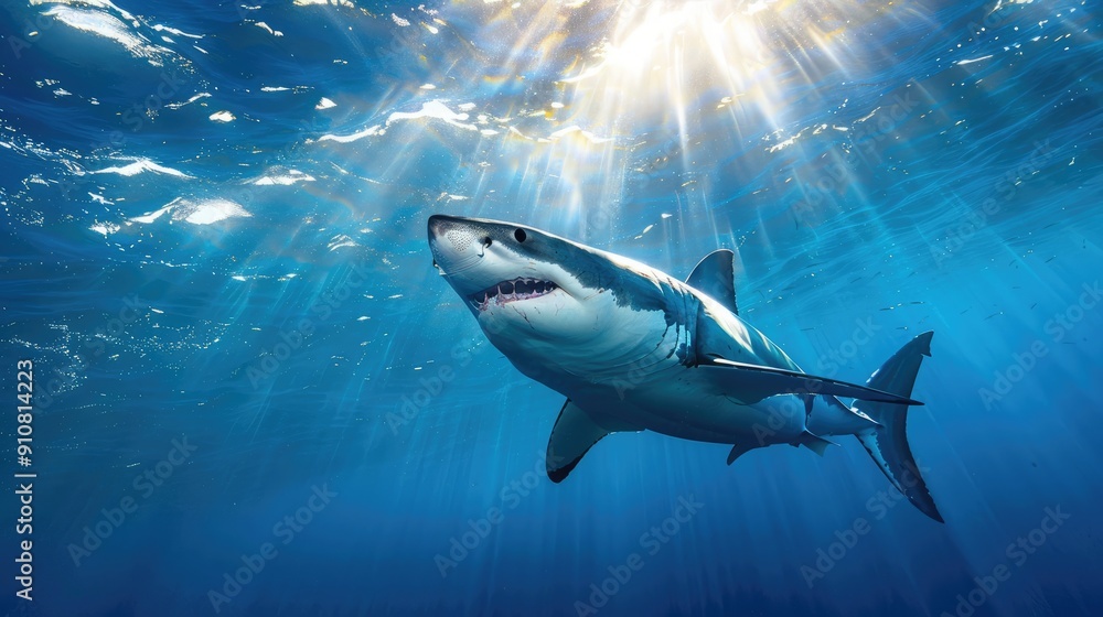 Great White Shark Swimming Towards the Surface in Sunbeams Great White Shark Swimming Towards the Surface in Sunbeams