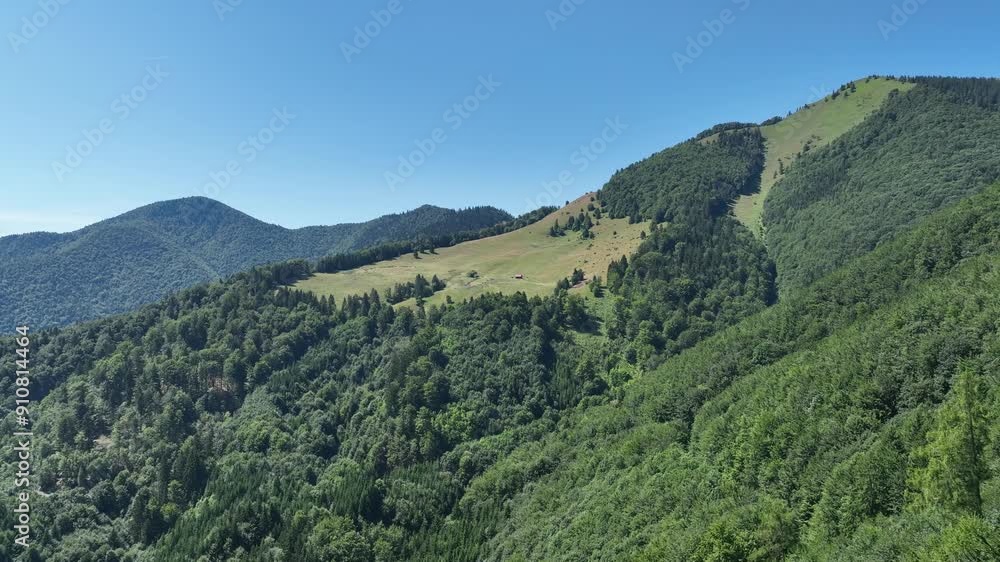 Flight Over The Green Forest, to a Small Cabin In The Middle of The Hills. Flight Over The Green Forest, to a Small Cabin In The Middle of The Hills.