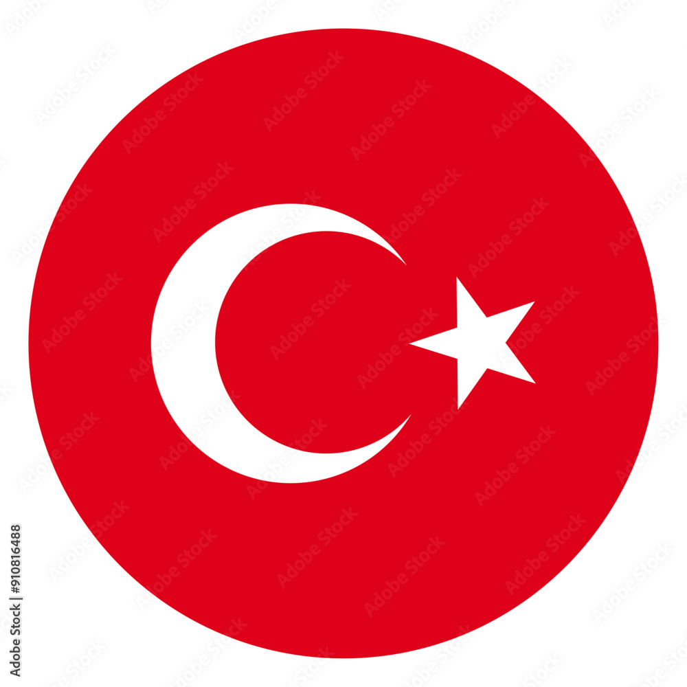 Circle badge Turkey flag button vector illustration isolated. Turkish national symbol. Half moon and star, Islamic traditional sign. Turkey flag banner emblem. State in Asia and in Europe. Circle badge Turkey flag button vector illustration isolated. Turkish national symbol. Half moon and star, Islamic traditional sign. Turkey flag banner emblem. State in Asia and in Europe.