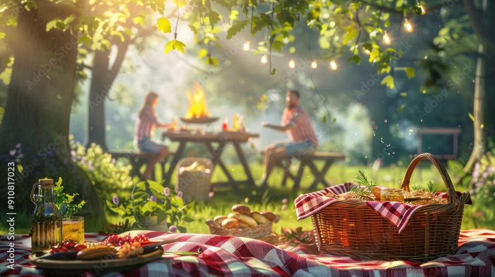 Picnic basket on a red and white checkered blanket in the woods. Picnic basket on a red and white checkered blanket in the woods.