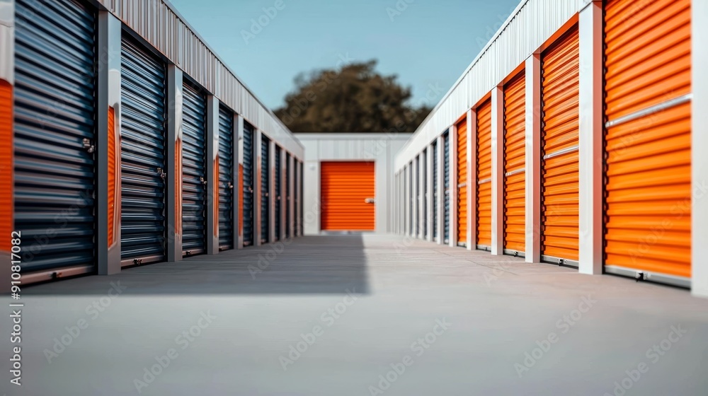 Neat alignment of mini storage units with vibrant doors, clean and well-maintained exterior, self-storage industry Neat alignment of mini storage units with vibrant doors, clean and well-maintained exterior, self-storage industry