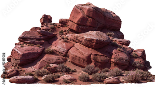 Red Sandstone Rock Formation with Desert Vegetation in an Isolated Background