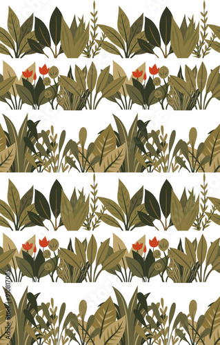 Vector seamless pattern with flat hand drawn plants and flowers in row on white background. Horizontal fence texture with various leaves and bushes. Botanical surface design for fabrics, wallpaper