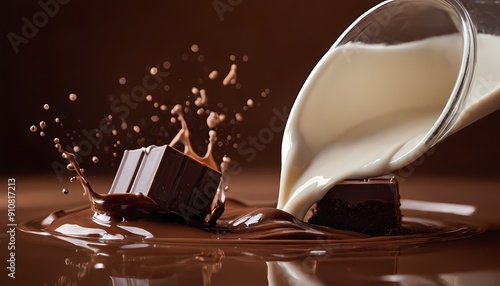 A splash of milk and chocolate splashes . close up of chocolate pieces stack and chocolate syrup on white background17
 photo