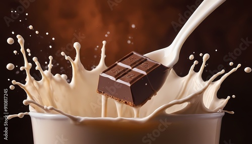 A splash of milk and chocolate splashes . close up of chocolate pieces stack and chocolate syrup on white background14
 photo