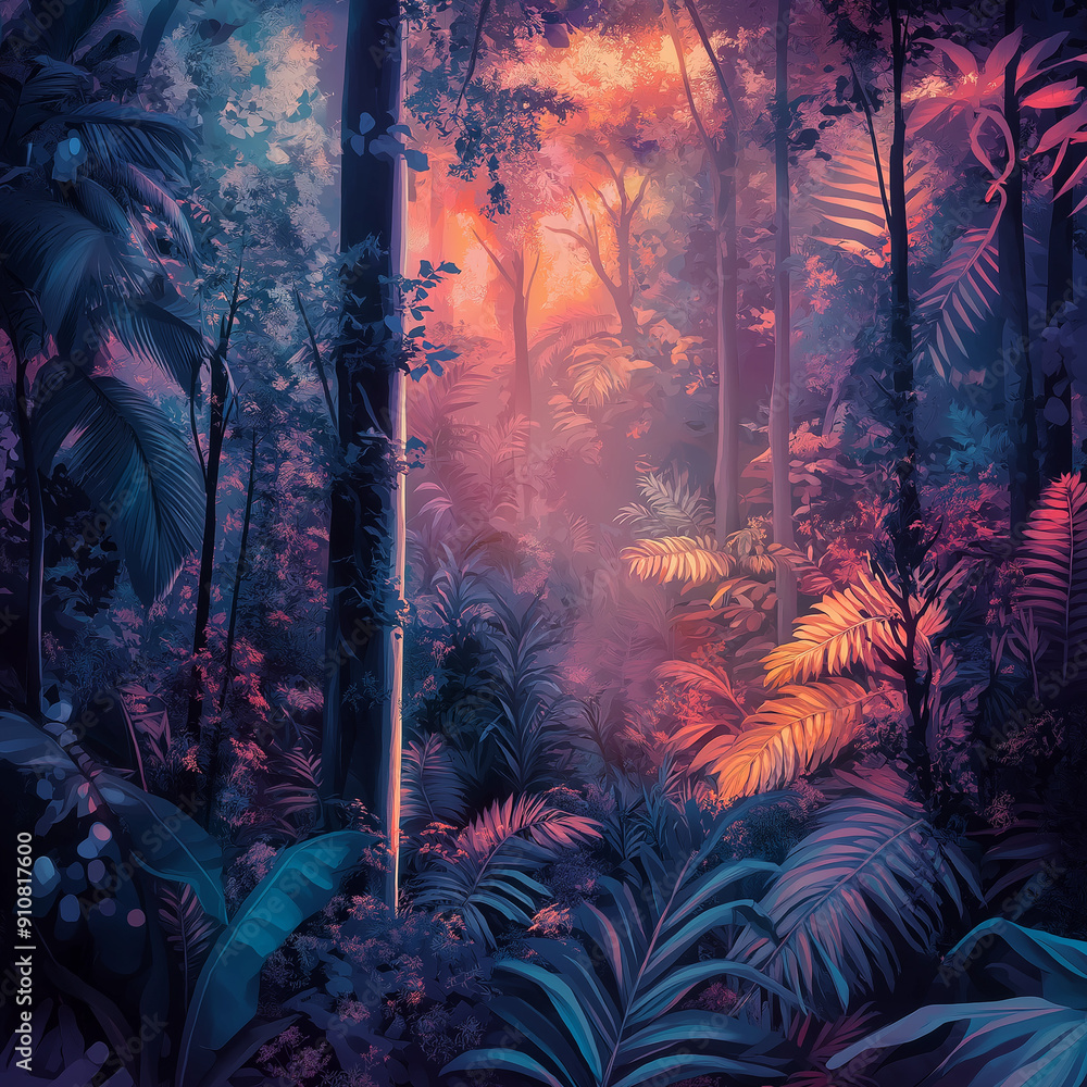 Fototapeta premium Hyper-realistic forest landscape with surreal lighting, dreamy and vibrant colors, detailed leaves and trees, digital art