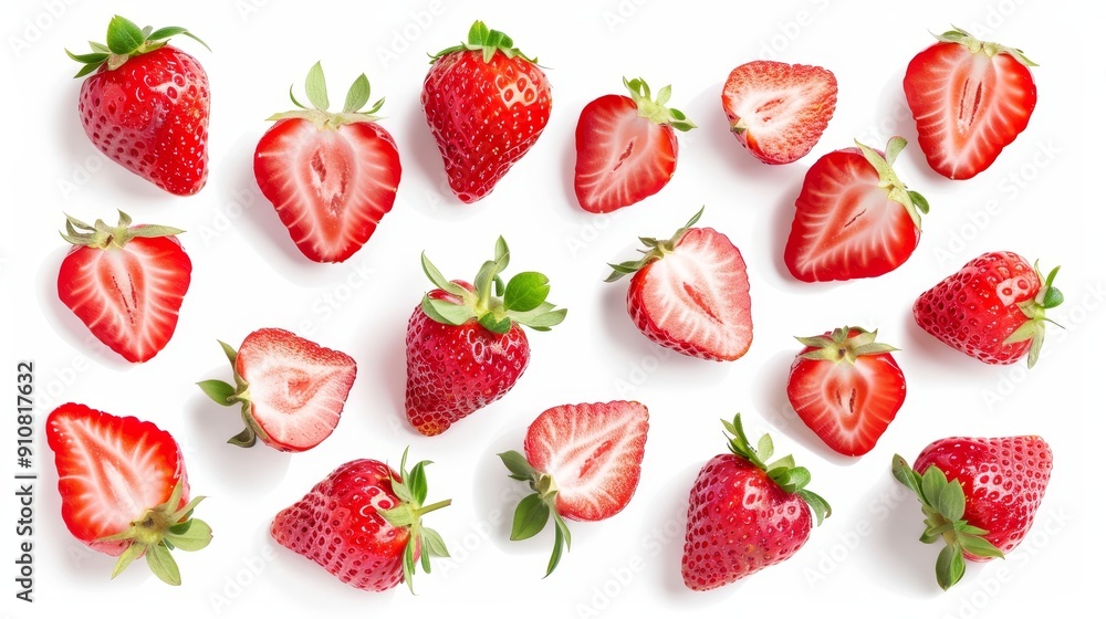 A mix of whole strawberries, halved, and sliced pieces, arranged aesthetically. Isolated on a white background with focus on freshness and color A mix of whole strawberries, halved, and sliced pieces, arranged aesthetically. Isolated on a white background with focus on freshness and color