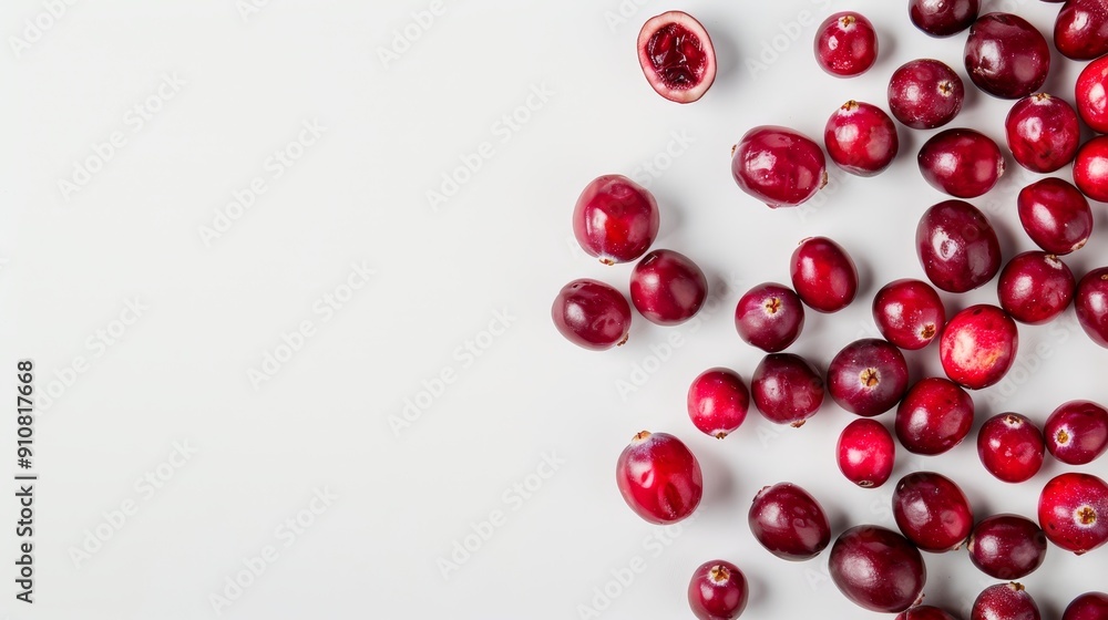 A neat arrangement of whole and sliced cranberries, highlighting the contrast between the glossy skin and the tart interior. Crisp white background A neat arrangement of whole and sliced cranberries, highlighting the contrast between the glossy skin and the tart interior. Crisp white background