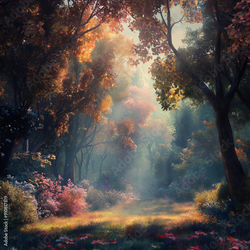 Hyper-realistic forest landscape with surreal lighting, dreamy and vibrant colors, detailed leaves and trees, digital art