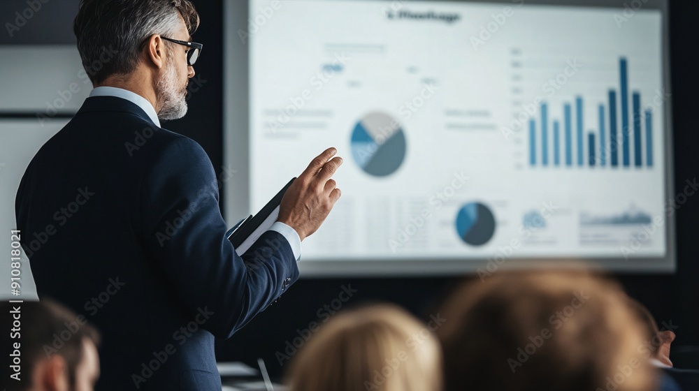 A business professional stands in front of an audience, presenting insightful market trends and data analysis, using visual charts to illustrate key points in a modern conference room A business professional stands in front of an audience, presenting insightful market trends and data analysis, using visual charts to illustrate key points in a modern conference room