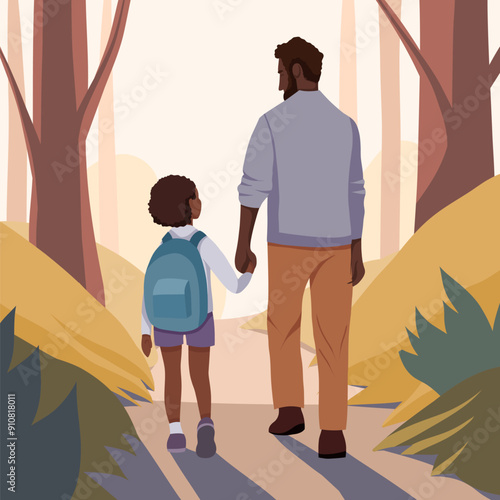 Vector flat illustration african father and little daughter walking to school in the park. Back to school. Black family and parental support in education.