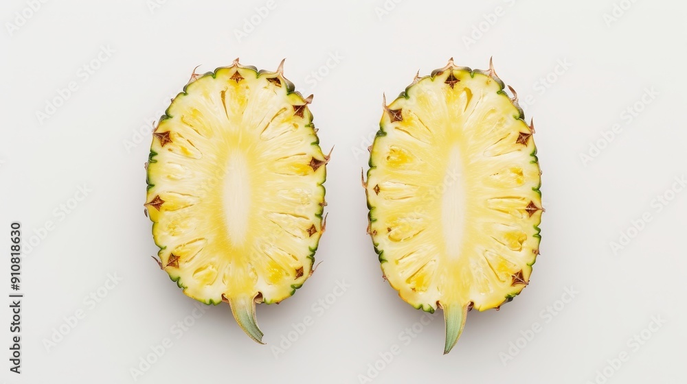 A single pineapple cut into two halves, showcasing the intricate pattern of the fruit's flesh. The image is cleanly isolated against a white backdrop A single pineapple cut into two halves, showcasing the intricate pattern of the fruit's flesh. The image is cleanly isolated against a white backdrop