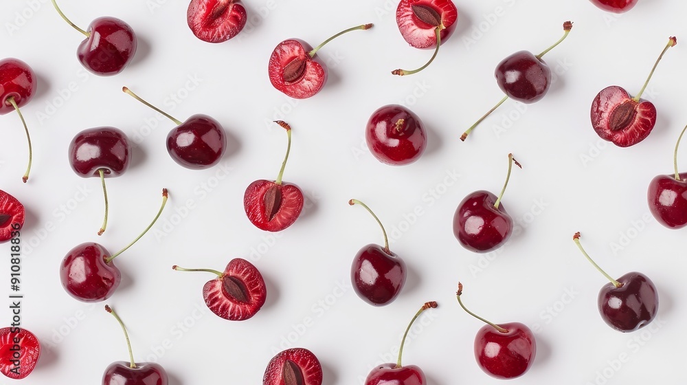 A variety of cherry slices arranged in a visually appealing pattern. Halves, quarters, and full cherries scattered on a white surface A variety of cherry slices arranged in a visually appealing pattern. Halves, quarters, and full cherries scattered on a white surface