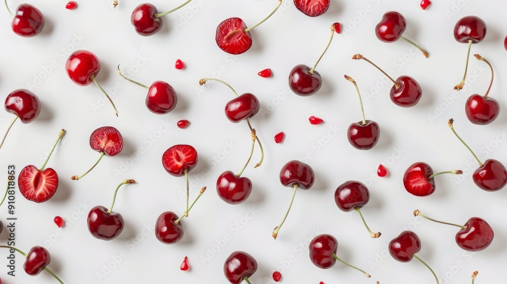 A variety of cherry slices arranged in a visually appealing pattern. Halves, quarters, and full cherries scattered on a white surface A variety of cherry slices arranged in a visually appealing pattern. Halves, quarters, and full cherries scattered on a white surface