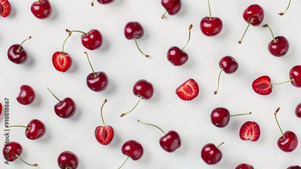 A variety of cherry slices arranged in a visually appealing pattern. Halves, quarters, and full cherries scattered on a white surface A variety of cherry slices arranged in a visually appealing pattern. Halves, quarters, and full cherries scattered on a white surface
