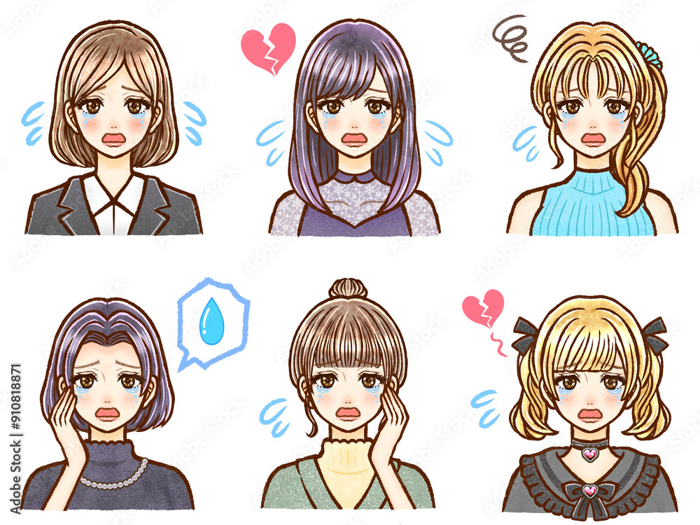 お洒落な大人女性の泣き顔イラスト素材セット3 お洒落な大人女性の泣き顔イラスト素材セット3