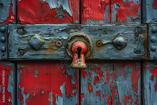 A vibrant red and blue door featuring a prominent lock, showcasing a unique and artistic design.