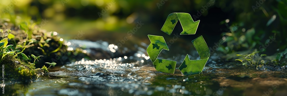 A green recycle symbol floats serenely in a clear stream, harmonizing with its natural surroundings, representing eco-friendliness and sustainability.