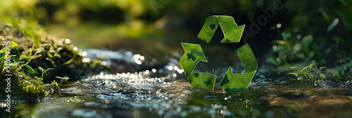 A green recycle symbol floats serenely in a clear stream, harmonizing with its natural surroundings, representing eco-friendliness and sustainability. photo