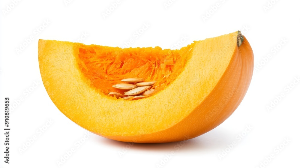 Fresh pumpkin half, showcasing vibrant orange flesh and seeds, with a smooth outer rind. Isolated cleanly on a white background Fresh pumpkin half, showcasing vibrant orange flesh and seeds, with a smooth outer rind. Isolated cleanly on a white background
