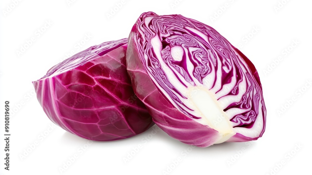 Fresh red cabbage sliced into thin, crisp rings, showcasing the deep purple color and white veins. Isolated against a clean white backdrop
