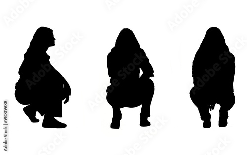 Silhouette of the same girl from the front ,profile and back, squatting