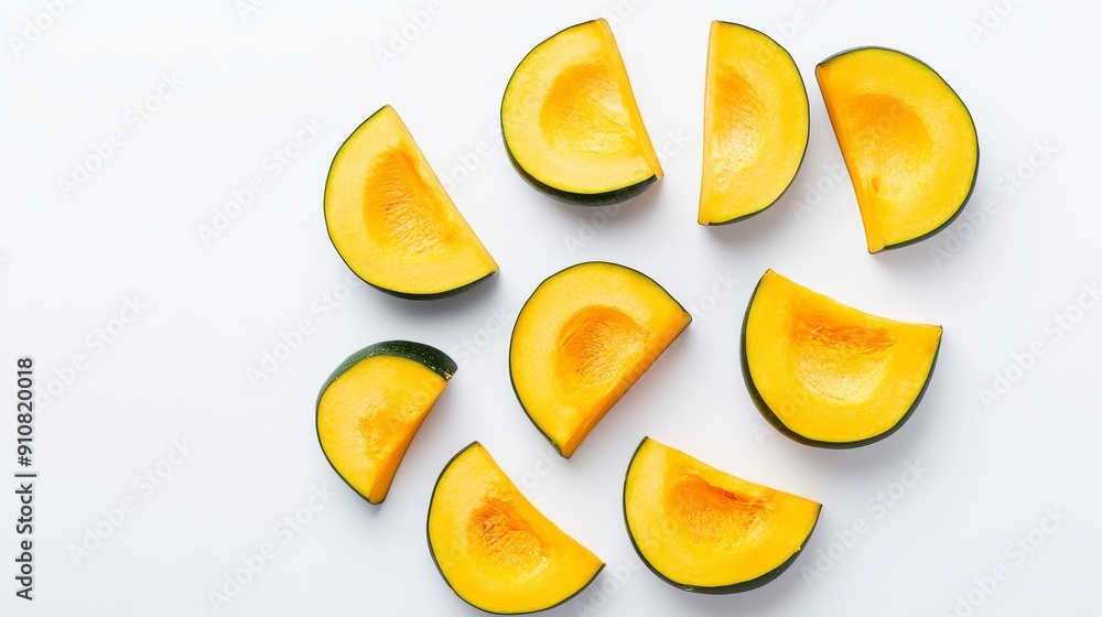 Fresh slices of acorn squash, arranged in a fan pattern. The bright flesh and textured skin stand out against a white background Fresh slices of acorn squash, arranged in a fan pattern. The bright flesh and textured skin stand out against a white background