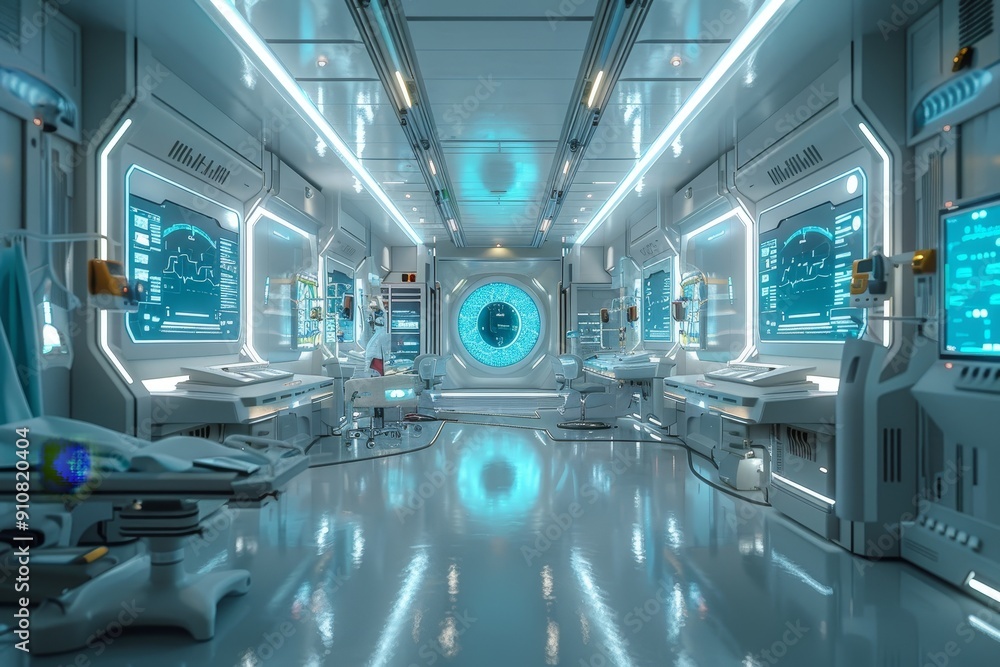 Obraz premium The interior of a futuristic spaceship with a long corridor, blue lights, and glass panels.