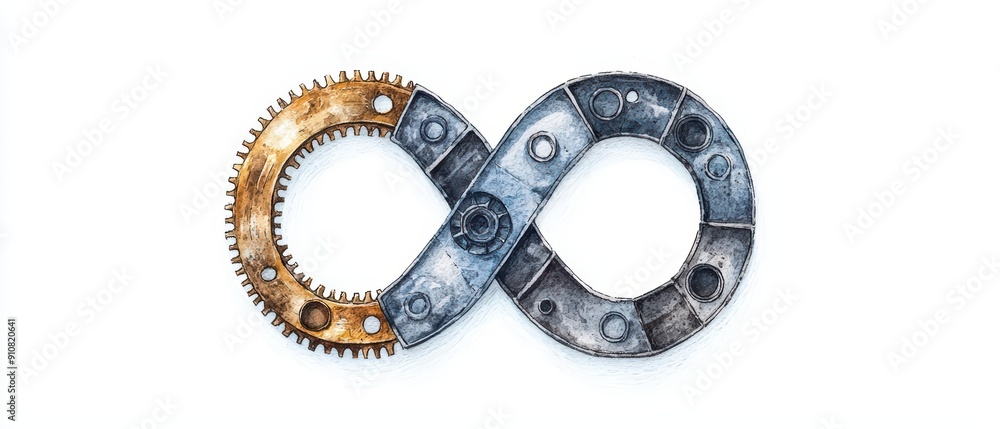 A detailed watercolor painting of an infinity sign composed of various mechanical parts A detailed watercolor painting of an infinity sign composed of various mechanical parts