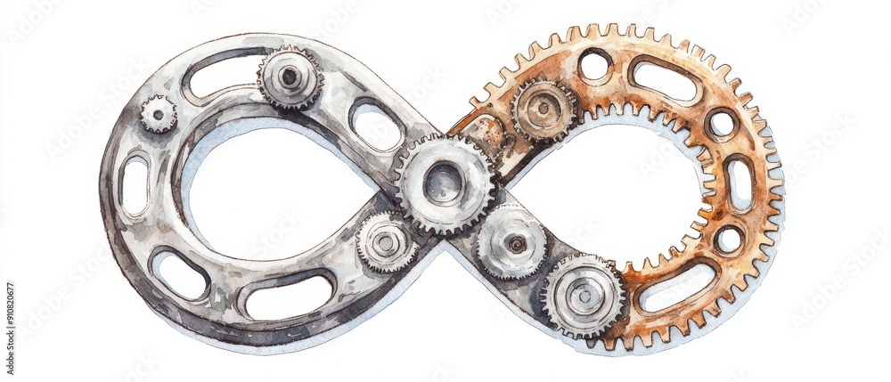 A detailed watercolor painting of an infinity sign composed of various mechanical parts A detailed watercolor painting of an infinity sign composed of various mechanical parts