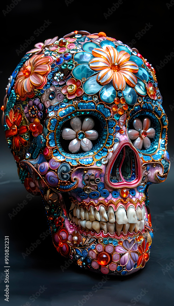 Fototapeta premium Day of the Dead skull on black background. Vertical. For mobile phone case.