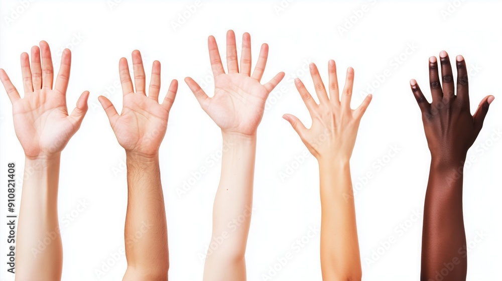 Hands of different nationalities reaching upward, symbolizing unity and diversity Hands of different nationalities reaching upward, symbolizing unity and diversity