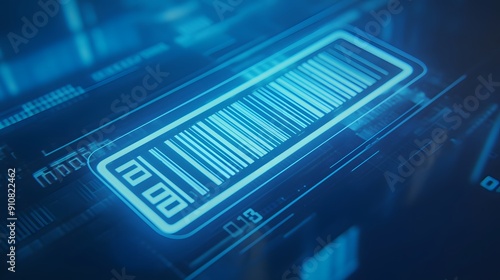 Barcode Close-up of a black laptop with various electronic components like cables and a router, set against a background of code and digital equipment photo