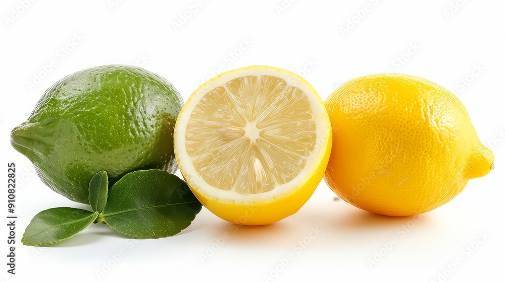 Fresh lime, lemon with leaf isolated on white background. Fresh lime, lemon with leaf isolated on white background.
