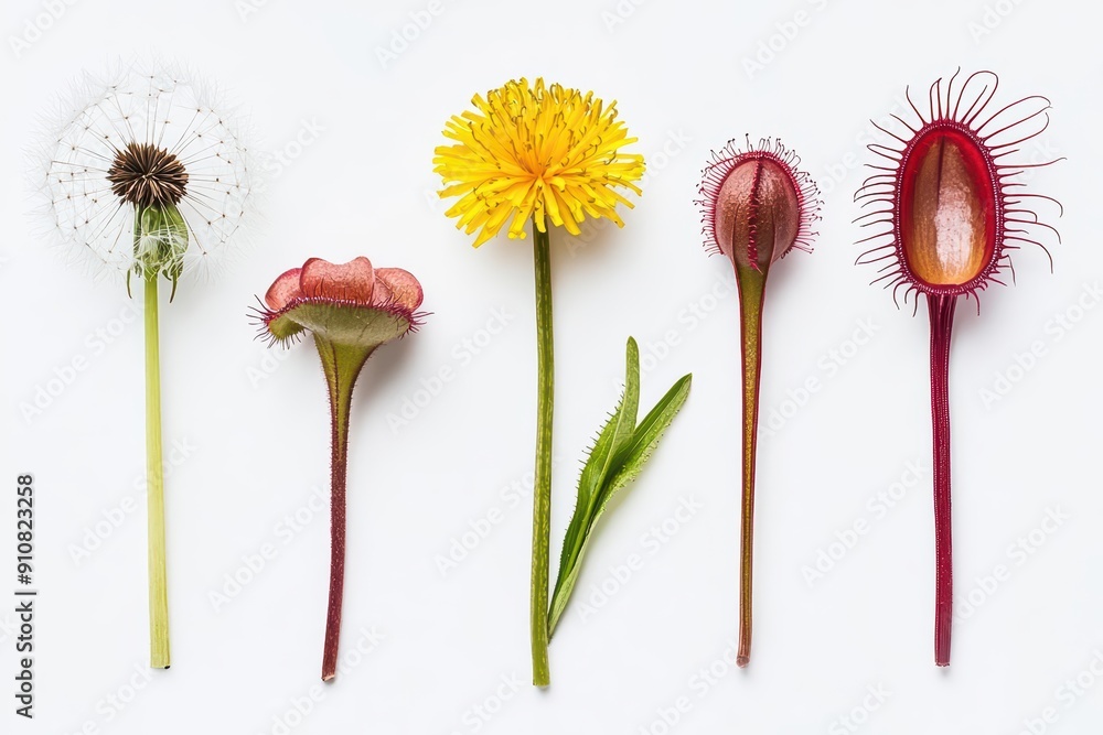 A strange collection of empty flowers, including a whimsical dandelion, an exotic orchid, and a peculiar carnivorous plant, adds an element of intrigue and fascination, A strange collection of empty flowers, including a whimsical dandelion, an exotic orchid, and a peculiar carnivorous plant, adds an element of intrigue and fascination,