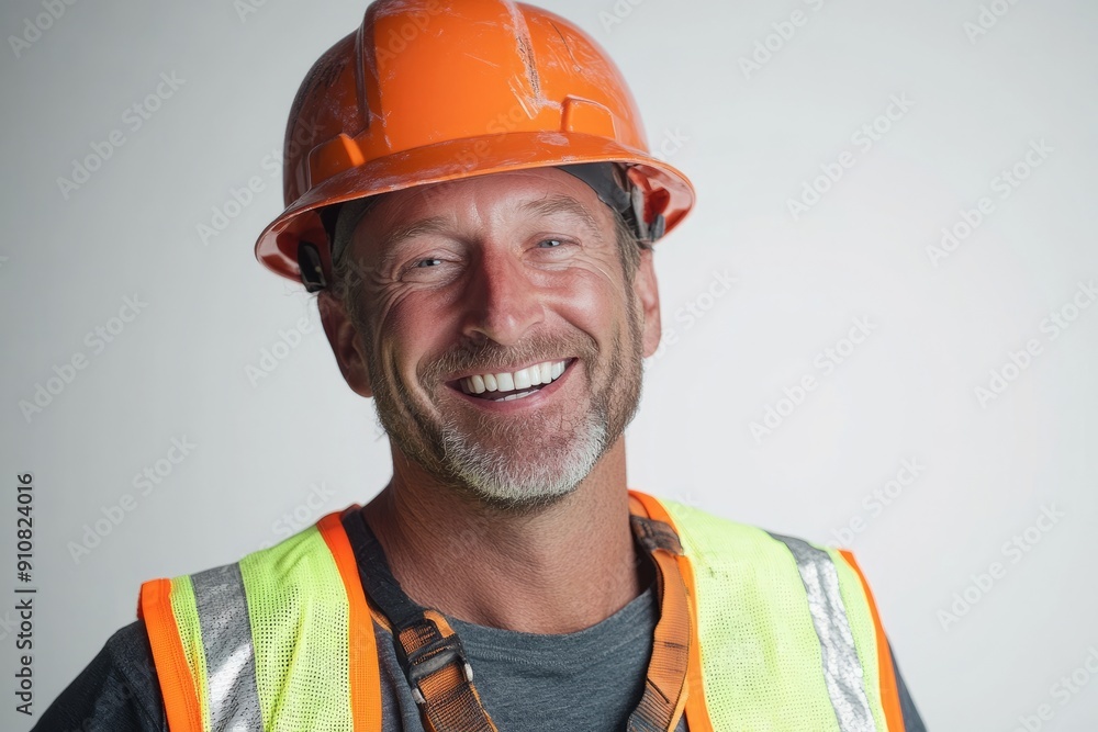 A smiling construction worker wearing an orange hard hat and safety vest. He has a beard and is standing against a neutral background, exuding a friendly and approachable demeanor. A smiling construction worker wearing an orange hard hat and safety vest. He has a beard and is standing against a neutral background, exuding a friendly and approachable demeanor.