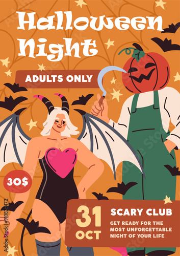 Halloween party poster. Helloween night, creepy carnival celebration in scary...