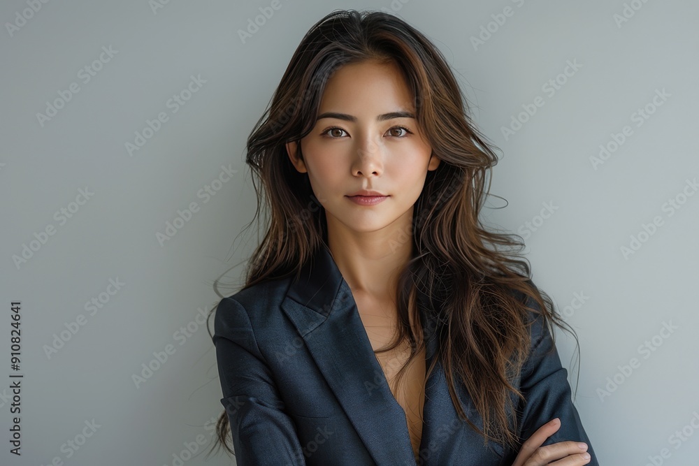 Beautiful asian businesswoman wearing a blue color suit smiling confidently Beautiful asian businesswoman wearing a blue color suit smiling confidently