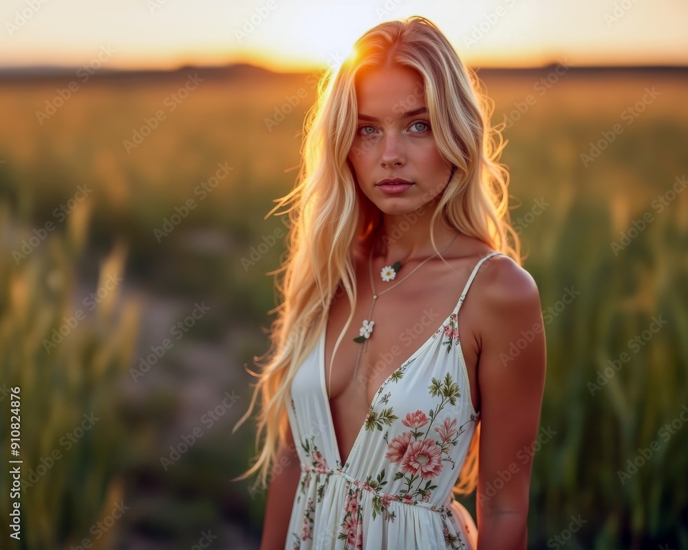 Beautiful Caucasian girl in bohemian dress standing in the field during sunrise or sunset Beautiful Caucasian girl in bohemian dress standing in the field during sunrise or sunset